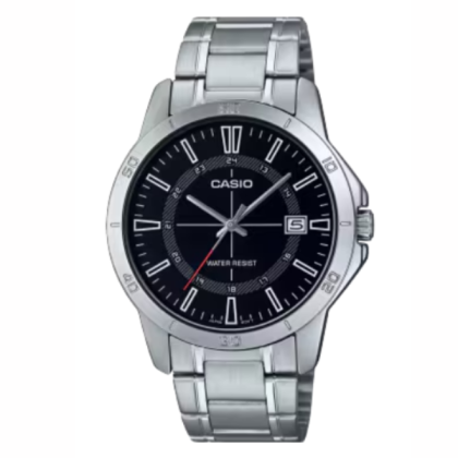 Casio General MTP-V004D-1CU Silver Stainless Steel Strap with Black Dial Analog Men Watch